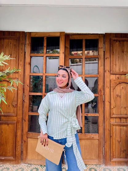 The Modern Striped Wrap Blouse Nosha Store